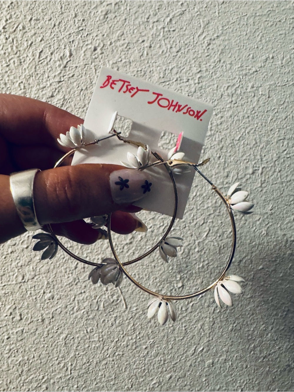 Betsey Johnson Gold Hoop Earrings with White Floral Charms